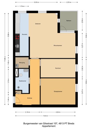 Plattegrond - Burgemeester Van Gilsstraat 157, 4813 PT Breda - Appartement - 2D.jpg